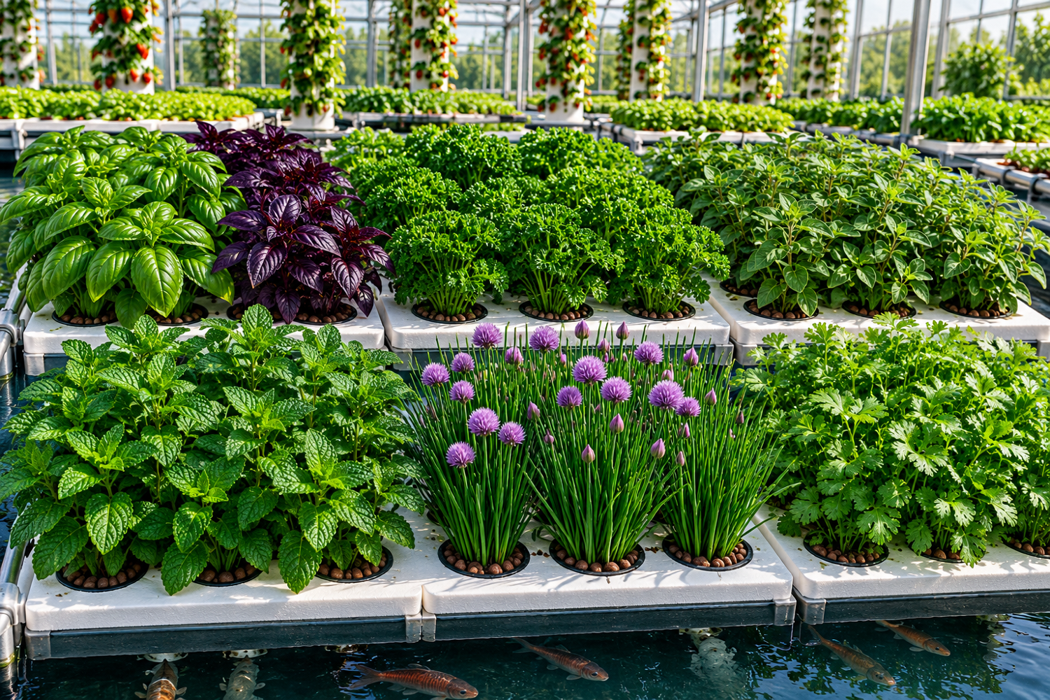 Leafy greens growing in an aquaponic system