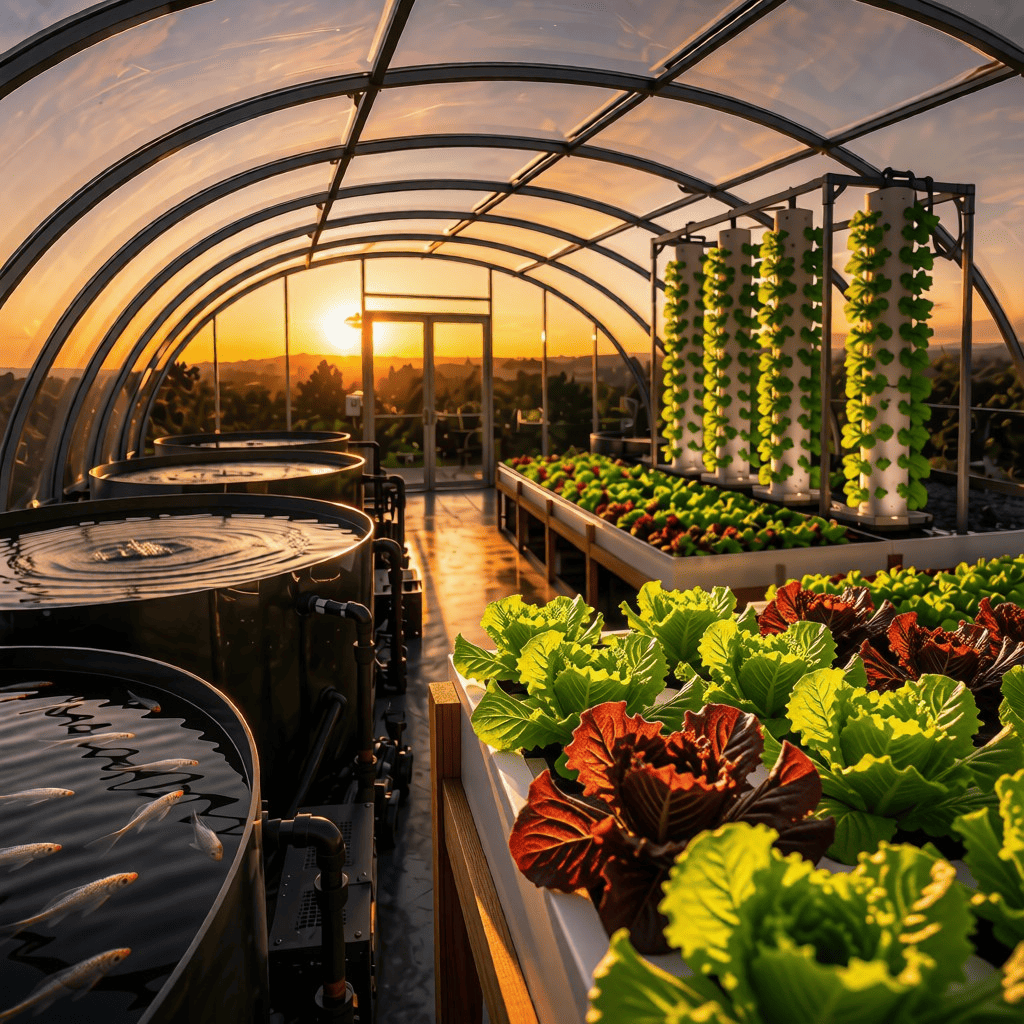 Vertical aquaponics system in a lush greenhouse